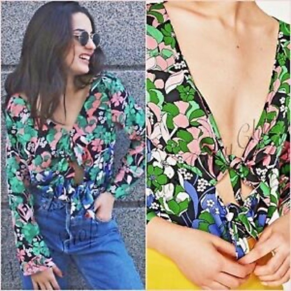 ZARA Floral Boho Retro Cutout Tie Front Bodysuit - Picture 4 of 16